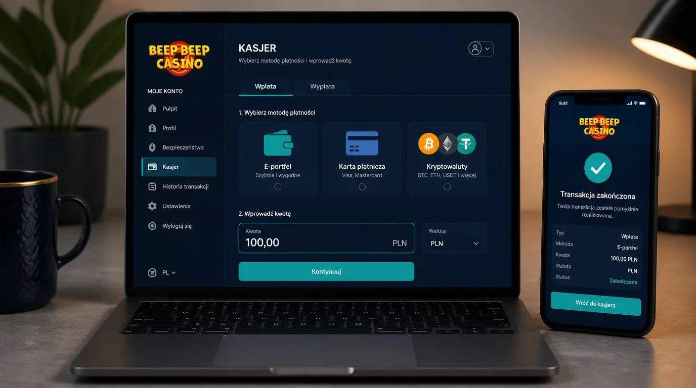 Ekran kasy z wyborem portfela elektronicznego, karty i kryptowaluty oraz podglądem kwoty wypłaty